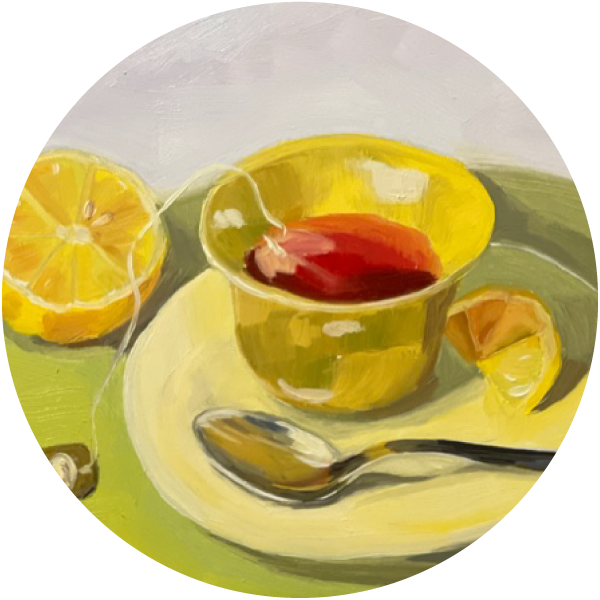 oil painting of a yellow tea cup with tea inside and a lemon next to the saucer