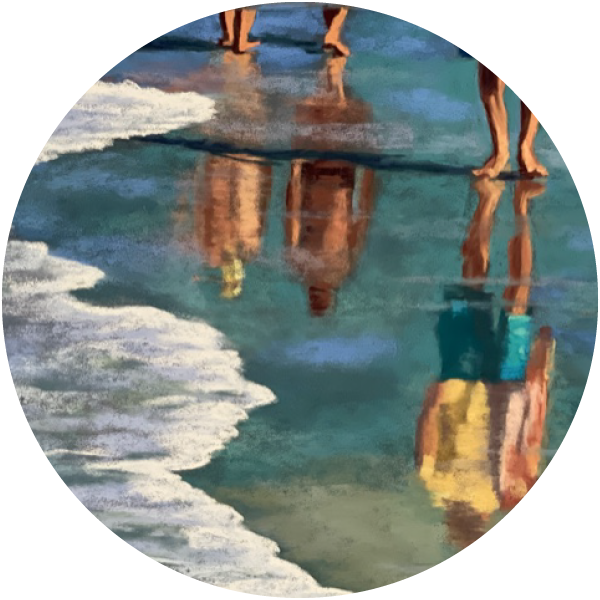 paintings of people reflected in the water along the beach shore