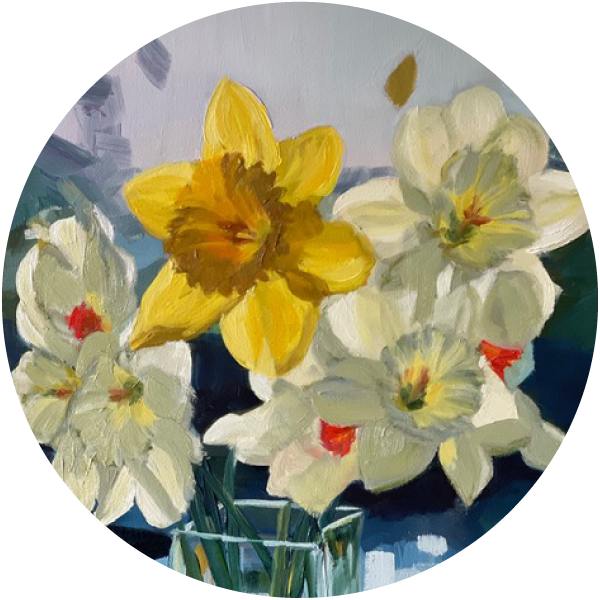 oil painting of yellow and white daffodils