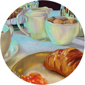 pastel painting of a table set for breakfast with a croissant on a plate, a teapot, and cream and sugar